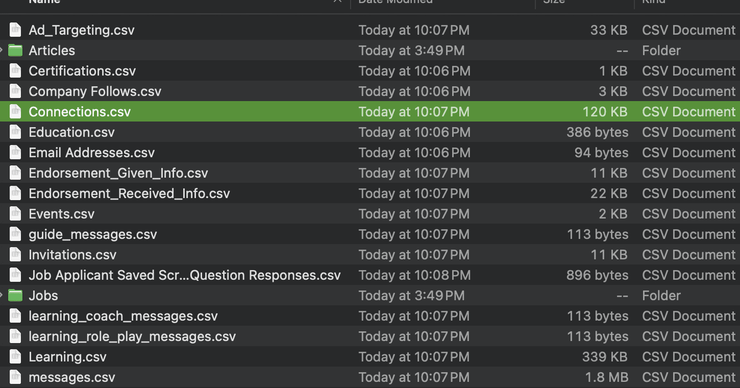 Finder view with Connections.csv highlighted inside the LinkedIn export folder