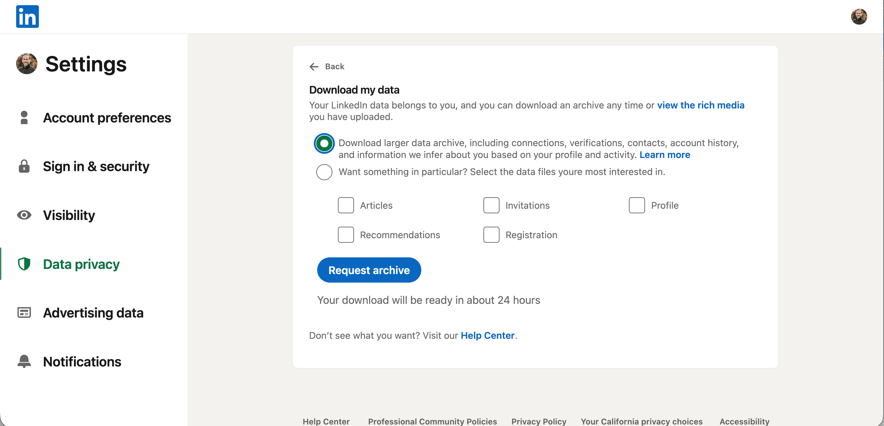 LinkedIn download page with the larger data archive option selected