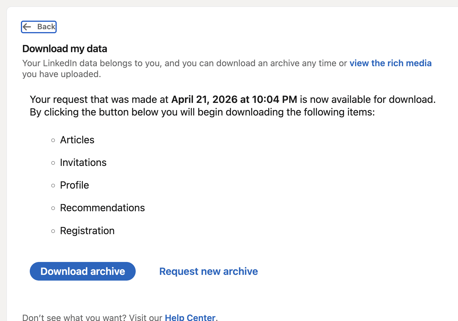 LinkedIn download page showing that a requested data archive is ready to download